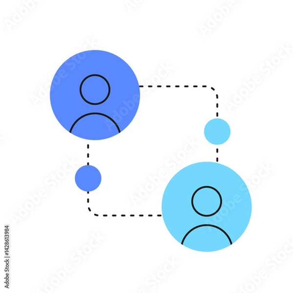 Fototapeta Vector illustration of user interaction and data transfer. Shows two users connected by dotted lines, symbolizing communication, collaboration, and digital networking.