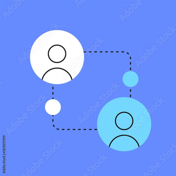 Obraz Vector illustration of user interaction and data transfer. Shows two users connected by dotted lines, symbolizing communication, collaboration, and digital networking.