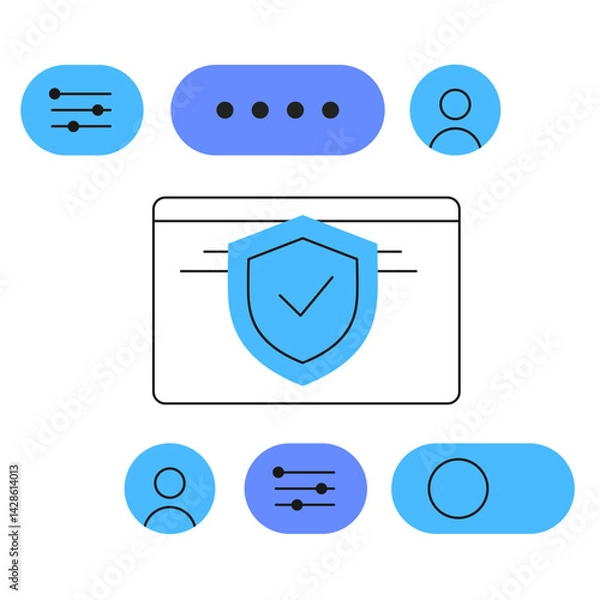 Fototapeta Modern flat vector illustration of cybersecurity and user data management. Includes shield, user interface, chat bubble, toggles, and profile icons. Represents secure access, privacy protection, and d