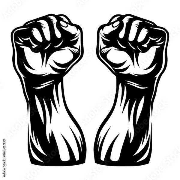 Fototapeta Two fists raised in solidarity and protest graphic black and white