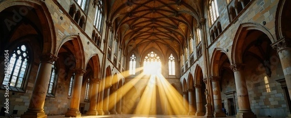 Fototapeta Sun rays piercing through the Gothic cathedrals ceiling, casting golden beams onto the stone floor and pillars, creating a serene and majestic atmosphere