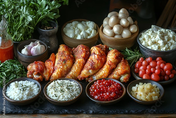 Fototapeta Fried Chicken styled on rustic black stone table with side ingredients