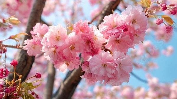 Fototapeta Pink cherry blossoms are in full bloom and the sky is clear overhead. The pink petals elegantly contrast with the yellow center, contrasting with the bright background, capturing the beauty of spring.