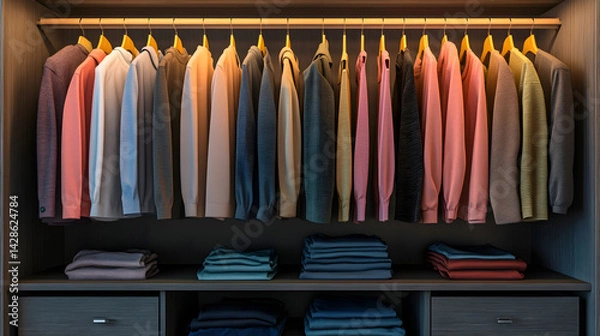 Fototapeta un closet ordenado con ropa de hombre acomodada por colores elegante y sofisticado almacenamiento con lujo y orden