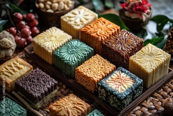 Fototapeta A colorful assortment of intricately designed mooncakes displayed on a bamboo tray with greenery