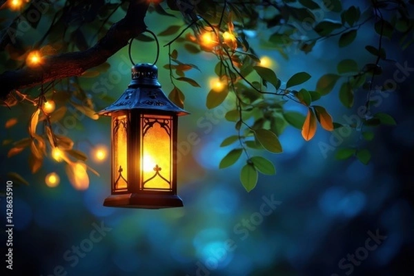 Fototapeta A glowing lantern hanging from a tree branch amidst softly lit leaves in a tranquil evening setting