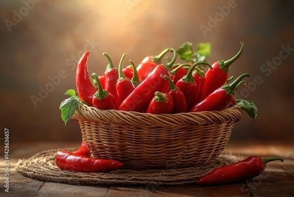 Fototapeta A rustic basket overflowing with vibrant red chili peppers, set against a warm, blurred background