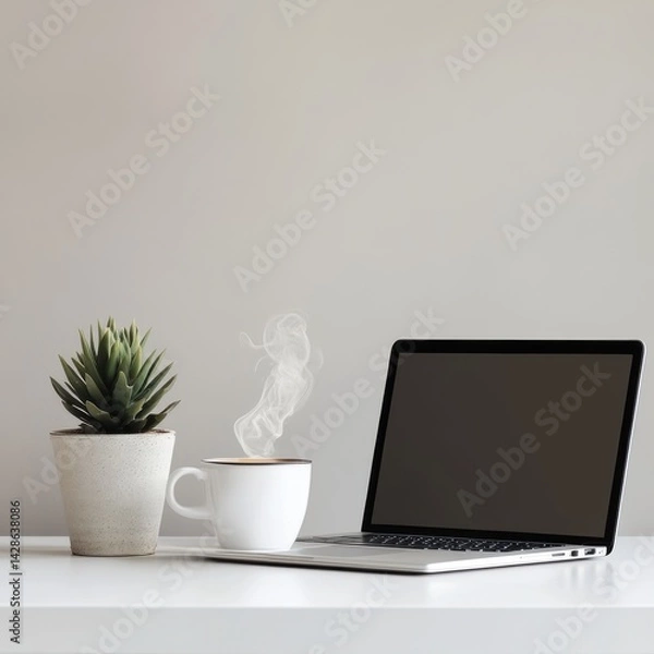 Fototapeta Cozy workspace featuring a steaming cup of coffee beside a laptop and a potted plant on a minimalist desk