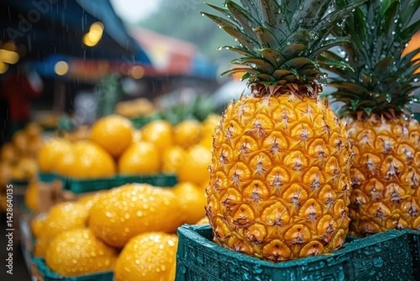 Fototapeta Fresh pineapples and oranges displayed at a vibrant market during a rainy day