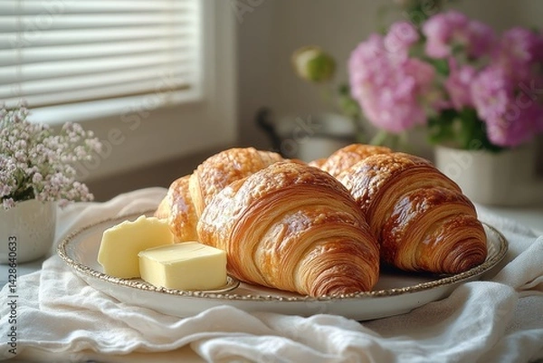 Fototapeta Freshly baked croissants served with butter on a decorative platter beside blooming flowers