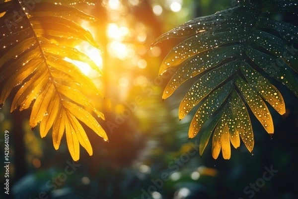 Fototapeta Glowing rainforest foliage with dew drops reflecting sunlight amidst lush greenery