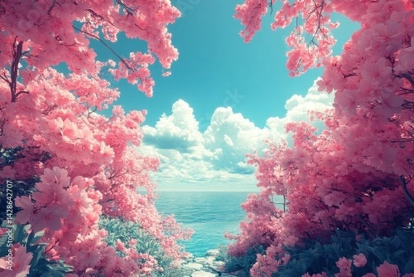Fototapeta Serene view of pink flowering trees framing a tranquil ocean scene under a bright sky