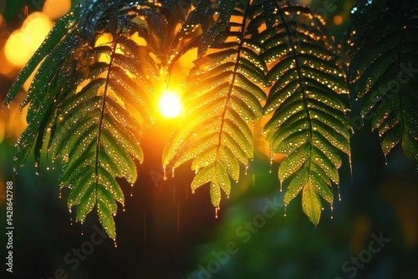 Fototapeta Sunlight Filtering Through Dewy Leaves, Creating a Serene Nature Scene in a Lush Forest