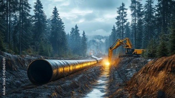 Fototapeta Massive pipeline construction project through a misty forest.