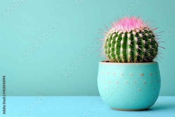 Fototapeta Vibrant cactus in a stylish pot against a soothing turquoise background
