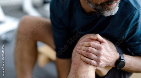 Fototapeta close up of man gripping his thigh, illustrating discomfort and concern. setting suggests fitness environment, highlighting importance of physical health and well being