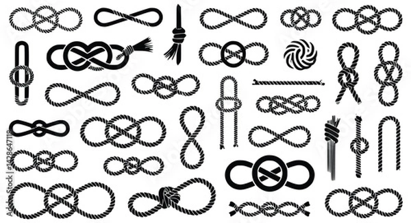 Fototapeta Collection of various rope knots in black and white vector illustration
