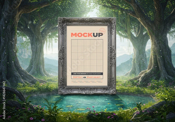 Obraz Vertical Ornamented Frame Mockup on Magical Forest
