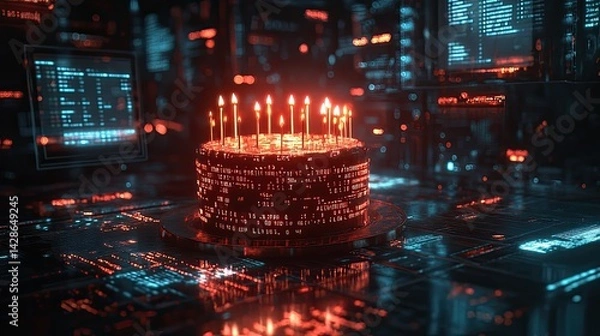 Fototapeta A digital birthday cake with lit candles sits on a futuristic circuit board.