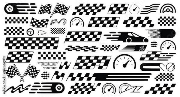 Fototapeta Racing graphics set featuring checkered flags speedometers and car silhouette vector