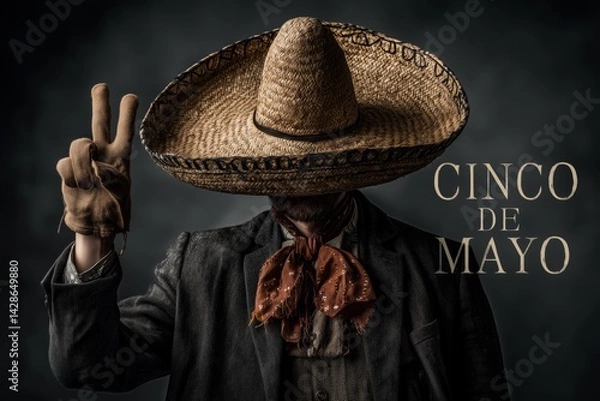 Fototapeta Hand holding a sombrero and making a peace sign with the text CINCO DE MAYO. May 5 in Spanish, a popular Mexican holiday that commemorates de victory at the Battle of Puebla