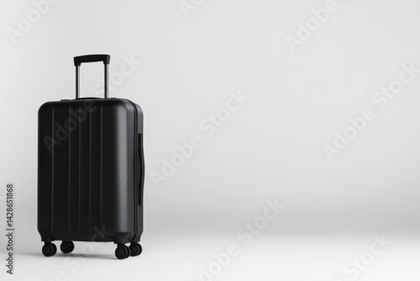 Fototapeta sleek black travel suitcase with wheels stands against minimalist background, showcasing its modern design and practicality for travelers. This stylish luggage is perfect for any journey