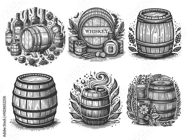 Fototapeta whiskey and beer keg barrel with floral, grain, and decorative elements in retro style set collection bundle sketch engraving generative ai vector illustration. Scratch board. Black and white image.