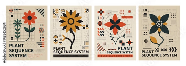 Obraz Geometric Flower Pattern: A set of four abstract geometric posters featuring stylized floral motifs in bold colors, incorporating a variety of shapes, patterns, and textures.