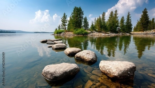 Obraz Stepping stones lead to island on a lake beneath blue sky with fluffy clouds