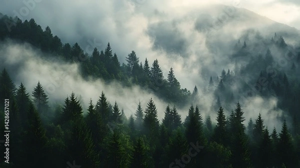Obraz Misty mountainside forest shrouded in a thick cloud cover.