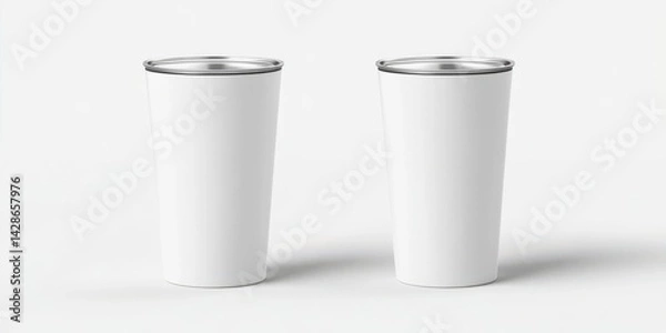 Fototapeta Two blank stainless steel tumblers on a clean white background, ideal for branding or product design