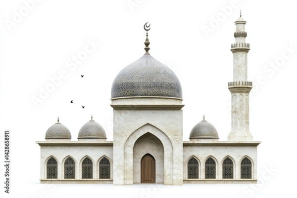 Fototapeta A majestic mosque with intricate domes and a tall minaret, set against a clear sky, symbolizing spirituality