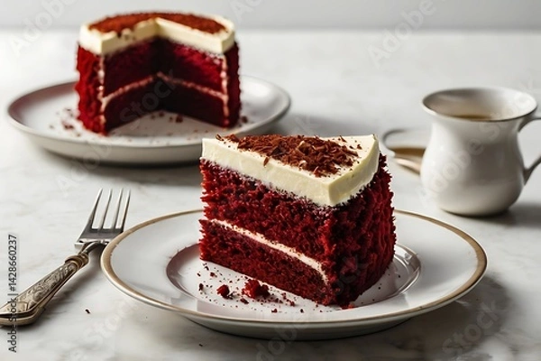 Fototapeta Indulge in this delectable red velvet cake slice topped with creamy frosting and cocoa powder.  Sweet treat