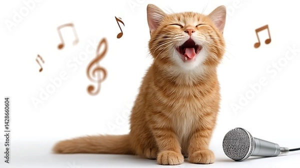 Obraz Happy Orange Cat Singing with Microphone Surrounded by Musical Notes in a Playful Setting