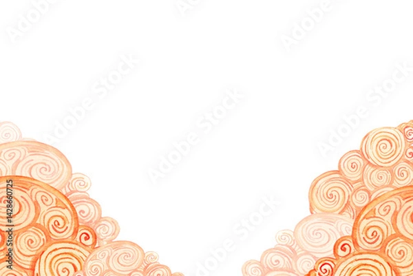 Fototapeta Golden watercolor cloud border at the bottom on white background. Empty space above for text or titles. Perfect for tarot, astrology, invitations, and spiritual-themed designs.
