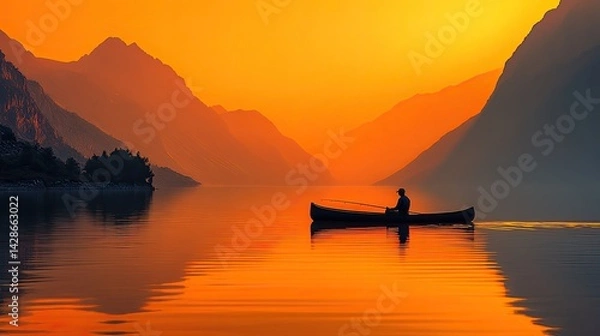 Fototapeta A lone figure in a canoe paddles across a still lake at sunset, with a mountain range in the background.