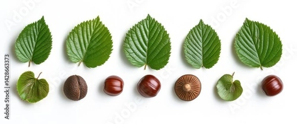 Fototapeta Five vibrant green leaves arranged alternately with brown nuts and acorns on a white background.  A natural, symmetrical composition