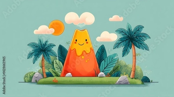 Obraz Cheerful Cartoon Volcano with Smiling Face Surrounded by Tropical Plants and a Bright Sunny Sky