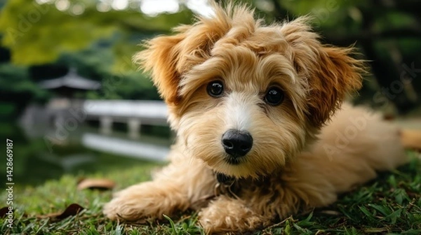 Fototapeta Cute fluffy puppy relaxing by a calm lake in a lush park on a sunny day, enjoying nature and fresh air