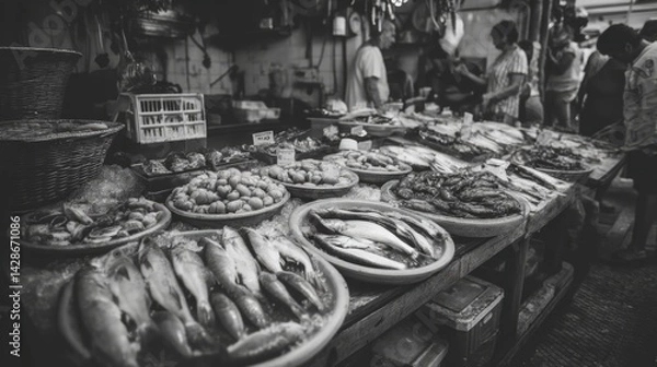Fototapeta food safety contamination control. Seafood Bounty at Market Stall Display Fresh Catch of Fish Oysters Mussels Crabs and Other Delicacies.