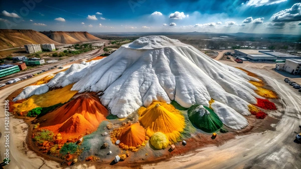 Fototapeta Arial view of a white mountain with multicolor powder scattered around
