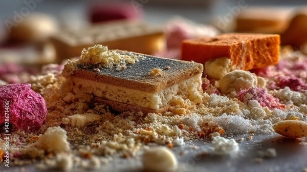 Fototapeta food safety contamination control. Sweet Treats Assortment Featuring Cakes and Berry Candy on Decorative Crumb Topped Surface.