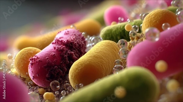 Fototapeta food safety contamination control. Vivid Microscopic World Bacteria Cells Scientific Visualization Detailed Rendering Colorful Forms.