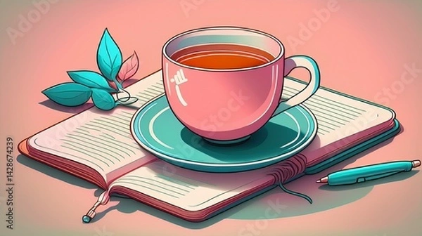 Fototapeta A Cup of Tea Resting on an Open Book with a Pen Nearby Peaceful Reading Moment