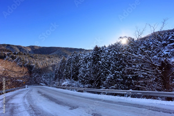 Obraz 凍結した冬の山の道路を照らす太陽