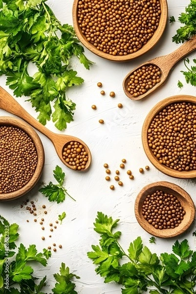 Obraz Brown Mustard Seeds with Parsley, Culinary Herbs and Spices Flatlay