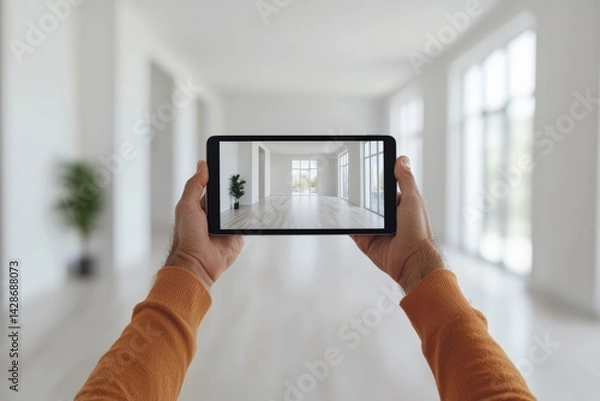 Fototapeta Realtor holding tablet showing virtual property tour in empty apartment