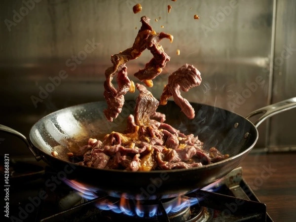 Fototapeta Juicy beef slices sizzle in a large frying pan over a roaring flame in a busy kitchen