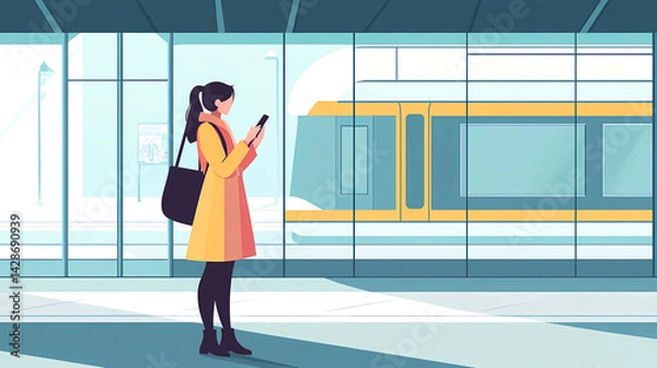 Fototapeta person with smartphone at modern train station