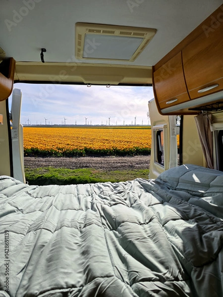 Obraz Gaze out from a cozy camper interior, revealing vibrant tulip fields in Flevoland, Netherlands. Experience the tranquility of spring amidst blossoming flowers and gentle breezes.